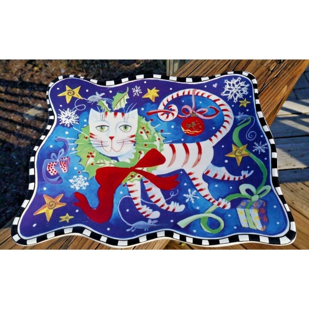 Karen Rossi for Silvestri Whimsical Cat Ceramic Serving Tray! RARE! Mice Stars